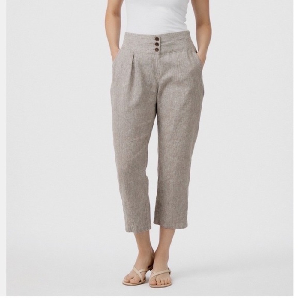 Ann Taylor LOFT Linen Cropped Pants Tan Pleated‎ High Rise 14 Resortwear 82-04
